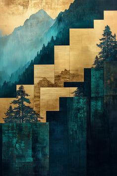 an abstract painting with trees and mountains in the background is gold, teal, and blue