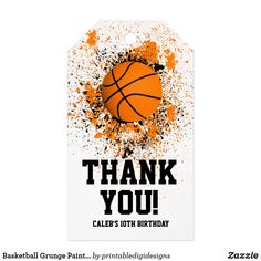 a basketball themed thank you tag with an orange ball in the center and black splats on it