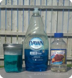 a bottle of water, two bottles of soda and a container of ice on a table