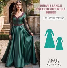 Digital sewing pattern for renaissance sweetheart neck dress. ✔️ US Sizes: 2, 4, 6, 8, 10, 12, 14, 16, 18, 20, 22, 24, 26, 28, 30 ✔️ Standard sizes: XS, S, M, L, XL, 2XL, 3XL, 4XL/5XL ✔️These templates are suitable for A4, A0 and US Letter size paper. When you purchase this pattern, you will receive a digital (pdf) sewing pattern and instructions. Once your payment processes, you will automatically receive a download links of pattern files. If you have any problem accessing the files, please don Fitted Elven Dress With Historical Design, Elven Style Fitted Floor-length Medieval Dress, Eowyn Dress Pattern, Medieval Dress Historical Sewing Patterns, Medieval Overdress Pattern, Elvish Dress, Midevil Dress, Victorian Dress Pattern, Sweetheart Neck Dress