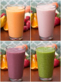 four different shots of smoothies in glass cups