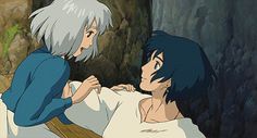 an anime scene with two people in the woods