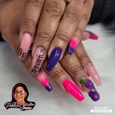 Pink and purple ombre set with 3d acrylic flowers and Aquarius nail art Nails Aquarius, Zodiac Nails, Aquarius Birthday, Fun Nail Colors