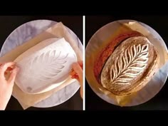 two pictures of bread being cut and put on plates with wax paper to make them look like leaves