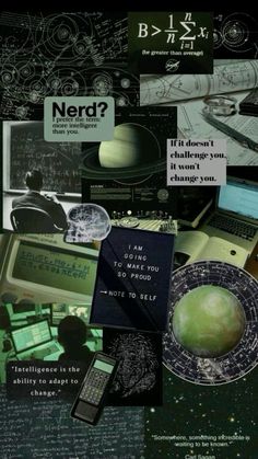 a collage of photos with words and pictures on them that say nerd?