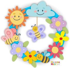 a paper wreath with flowers, bees and clouds