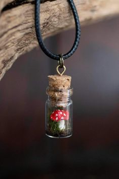 a glass jar filled with tiny red mushrooms on a leather cord necklace hanging from a tree branch