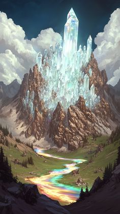 an image of a fantasy castle in the sky with mountains and stream running through it