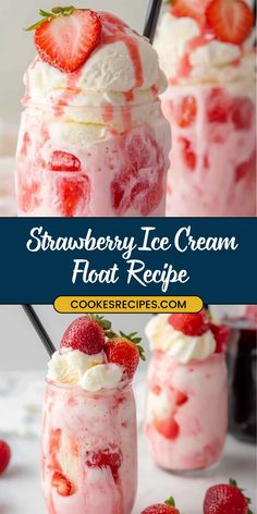 strawberry ice cream float recipe with whipped cream and fresh strawberries in the bottom photo