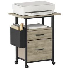 a printer stand with two drawers and a printer on top