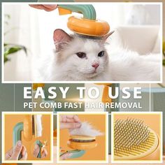 an advertisement for a pet comb and hair remover with pictures of cats using it