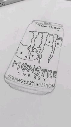 a pencil drawing of a can of monster energy with two cats on it's side