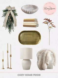 a white and gold holiday home decor collage