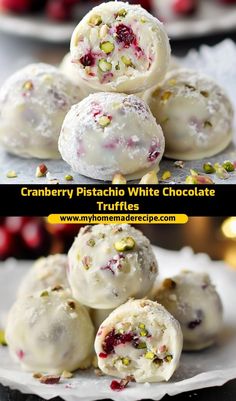 cranberry pistachio white chocolate truffles are stacked on top of each other