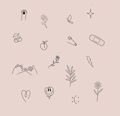 various hand drawn objects on a light pink background, including flowers and plants in black ink