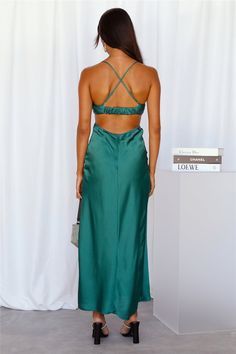 Length from shoulder to hem of size S: 128cm. Green maxi dress. Lined bust. Cold hand wash only. Model is a standard S and is wearing size S. True to size. Lightweight, non-stretchy satin fabric with sheen. Inbuilt bust cups. Adjustable crossback shoulder straps. Elasticised strap to back. Cutout to back. Invisible bac High Stilettos, Green Maxi Dress, Green Maxi, Satin Maxi, Cowl Neckline, Satin Maxi Dress, Maxi Dress Green, Blue Midi Dress, Sky High