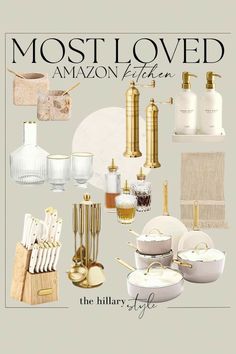 the cover of most loved amazon kitchen items, including dishes and utensils in gold