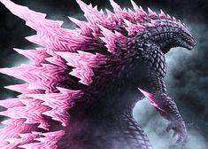 a pink and black godzilla standing in the dark