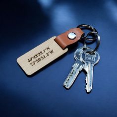 a couple of keys that are on top of a keychain with a leather tag