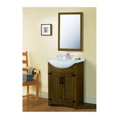 a bathroom vanity with a mirror above it and a chair in the corner next to it