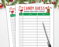 two printable christmas guess sheets with santa claus and reindeers on them next to pine branches