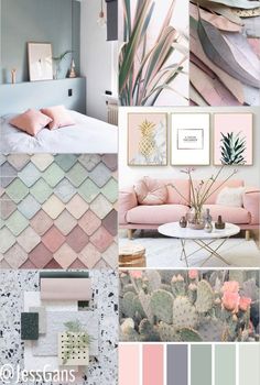 a collage of pink and green colors with pictures on the wall, couches, tables