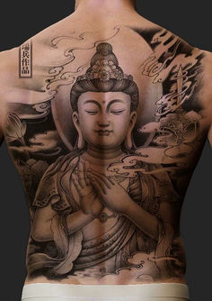 Buddha tattoo, spiritual back tattoo, grayscale tattoo art, peaceful Buddha ink, meditative body art, Zen tattoo design, Buddhist symbolism, monochromatic tattoo, serene tattoo imagery, religious cultural tattoo. Japanese Buddha Tattoo, Tattoo Japonais, Buda Tattoo, Japanese Buddha, Japanese Tattoo Meanings, Buddha Tattoo Design, Buddha Tattoos, Buddha Tattoo