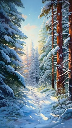 a painting of snow covered pine trees in the woods with sun shining through them,