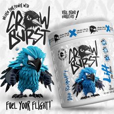 an ice cream container with the words draw burst on it and a blue bird figurine next to it