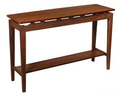 a wooden console table with two shelves on one side and an open shelf at the top