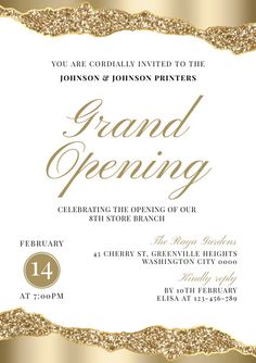 an elegant gold and white grand opening party card with the words grand opening on it