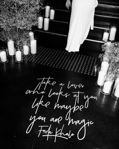 black and white photograph of bride and groom on stairs with handwritten message from father