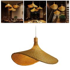 three different views of a bamboo lamp hanging from the ceiling and in front of an open kitchen