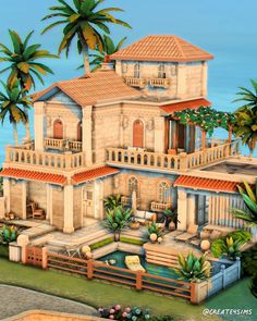 this is an artist's rendering of a house with palm trees in the background