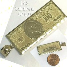 A beautiful pendant that is made of AUTHENTIC 100% 14k karat REAL GOLD (color: yellow gold) that is not plated/filled and will last you a lifetime to enjoy. · It measures approx. 1.80" inches long including the bail/clasp/loop. .65" wide. see all pictures. · The bail/clasp/loop measures 5.05mm measured from inside AND SHALL FIT CHAINS UP TO 5MM NICLEY, and IF you have a THICKER CHAIN please message seller before purchase and give your chain size and seller might be able to change the bail (seller usually can change the bail size before purchase for minimal fee- please MAKE SURE the bail size fits your chain) · It weights approx. average 4.6-5.5 grams . (might slightly vary as this item is a repeat sell and each might vary slightly) L4.6-11-19-22,t5.3-11-26-22 · It is stamped/tested 14k . · Vintage Yellow Gold Coin Necklace, Tarnish Resistant, Good Luck Necklace, Dollar Bill, Fine Jewellery Necklace, Real Gold, Gold Color, Jewelry Watches, Diamond Cuts, The 100