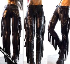 Traje Cowgirl, Gothic Mermaid, Wrestling Outfits, Fringe Pants, Heavy Metal Fashion, Fest Outfits, Estilo Hippie, Metal Clothing, Black Leather Pants