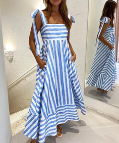 Description SKU: 662403013052 Material: Polyester Thickness: Normal Size : S-XL Style: Leisure/Casual Season: Spring/Summer Product Type: Dress The size is measured by hand, there may be 2-3cm difference due to manual measurement. Chic Maxi Dresses, Retro Stripes, Striped Maxi, Maxi Dress Blue, Linen Clothes, Linen Women, Set Dress, Season Spring, Dream Closet