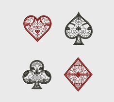 four different colored playing cards with hearts and spades in the middle, on a white background