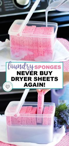 two plastic containers filled with pink sponges sitting on top of a counter next to an oven