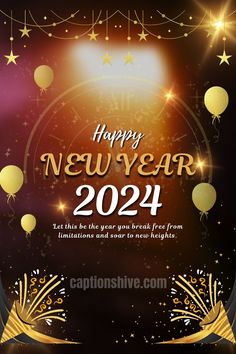 a happy new year card with balloons and stars in the sky, on a dark background