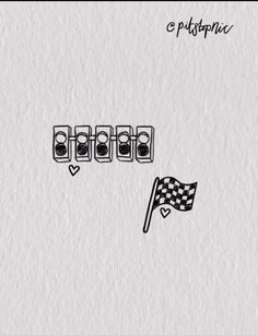 a black and white drawing of a checkered flag next to a row of traffic lights