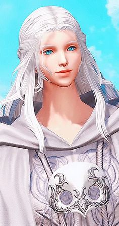 an animated image of a woman with white hair and blue eyes wearing a hooded jacket