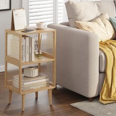 a living room with a couch, coffee table and bookshelf in the corner