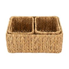 two square woven baskets are shown on a white background