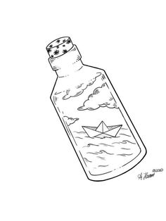 a drawing of a bottle with a paper boat in it, floating on the water