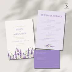 two wedding cards with lavender flowers on them