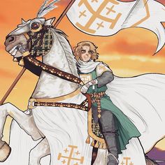 a man riding on the back of a white horse next to a cross and flag