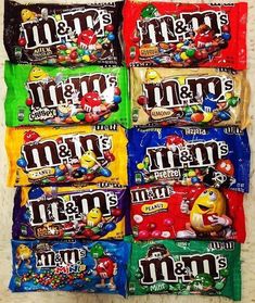 six m & m's candy bars in different flavors