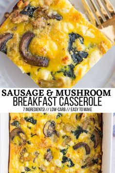 sausage and mushroom breakfast casserole on a white plate