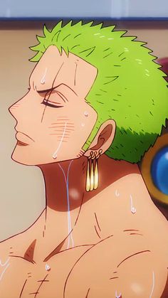 an anime character with green hair and piercings on his head is staring at something